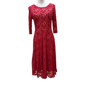 MELROSE Red Lace Midi Dress 3/4 Sleeve V-Neck Women's Size 4